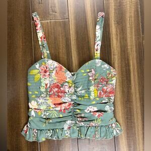 BOG Collective size XS Green floral quilted ruched tank crop top, ruffle hem